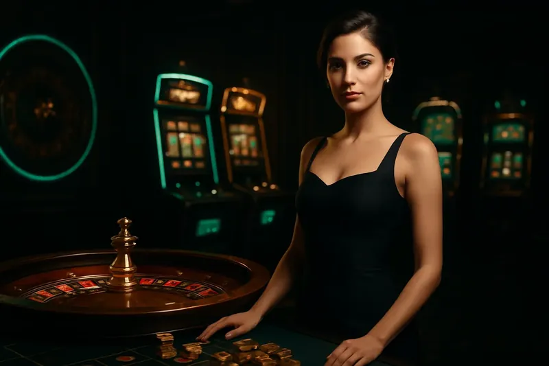 Luxury Casino Banner Confident woman in evening dress near roulette and slot machines